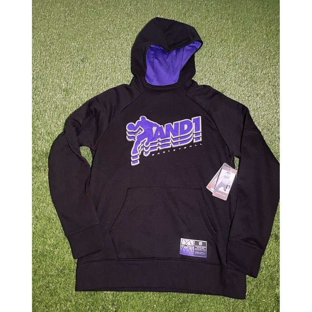 AND1 Basketball Black/Purple Fleece Pullover Hoodie Men's M Logo Graphic NWT